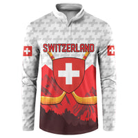 Switzerland Ice Hockey Custom Button Sweatshirt Swiss Shield Alps Art
