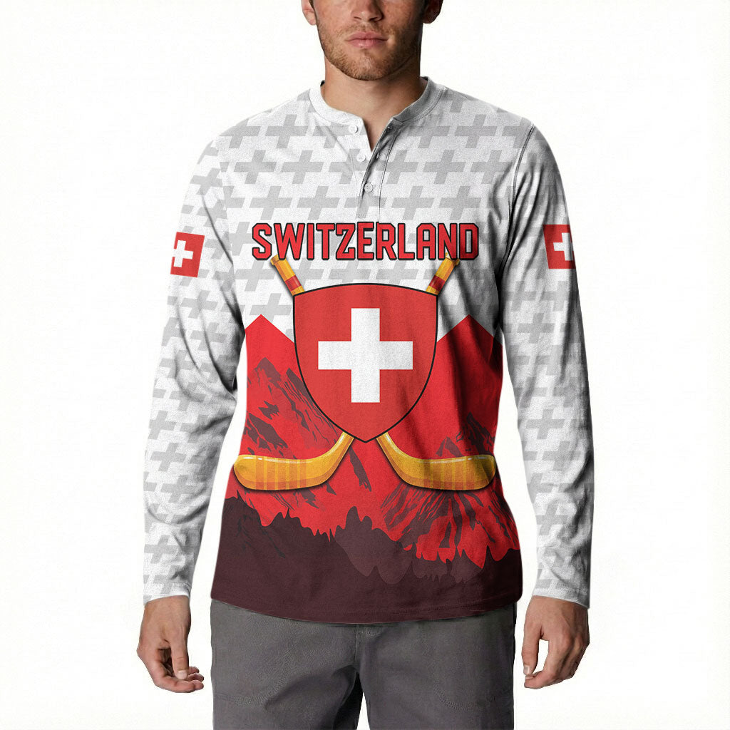 Switzerland Ice Hockey Custom Button Sweatshirt Swiss Shield Alps Art