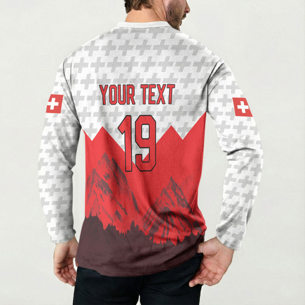 Switzerland Ice Hockey Custom Button Sweatshirt Swiss Shield Alps Art