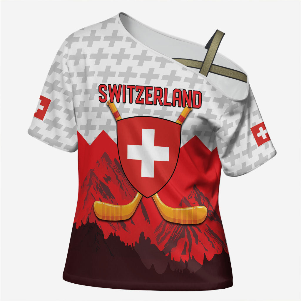 Switzerland Ice Hockey Custom Cross Shoulder Shirt Swiss Shield Alps Art