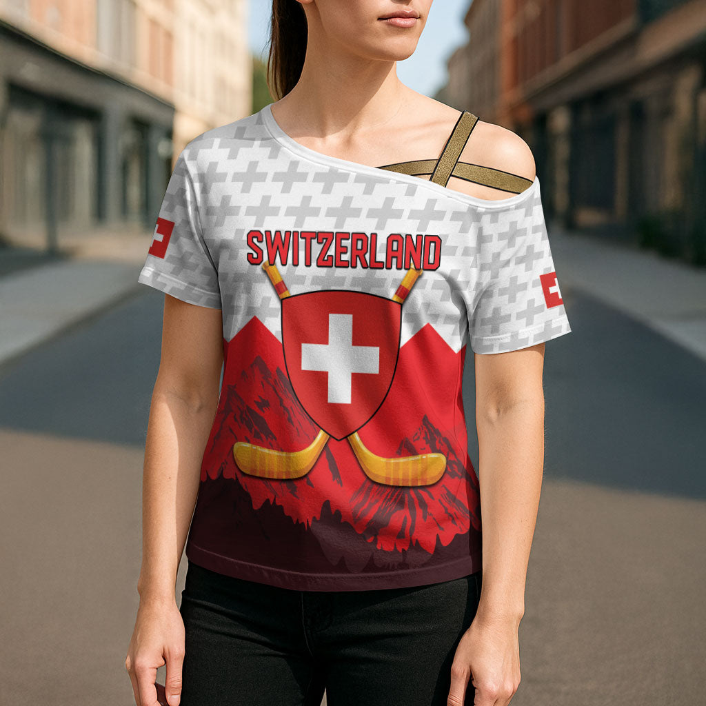 Switzerland Ice Hockey Custom Cross Shoulder Shirt Swiss Shield Alps Art