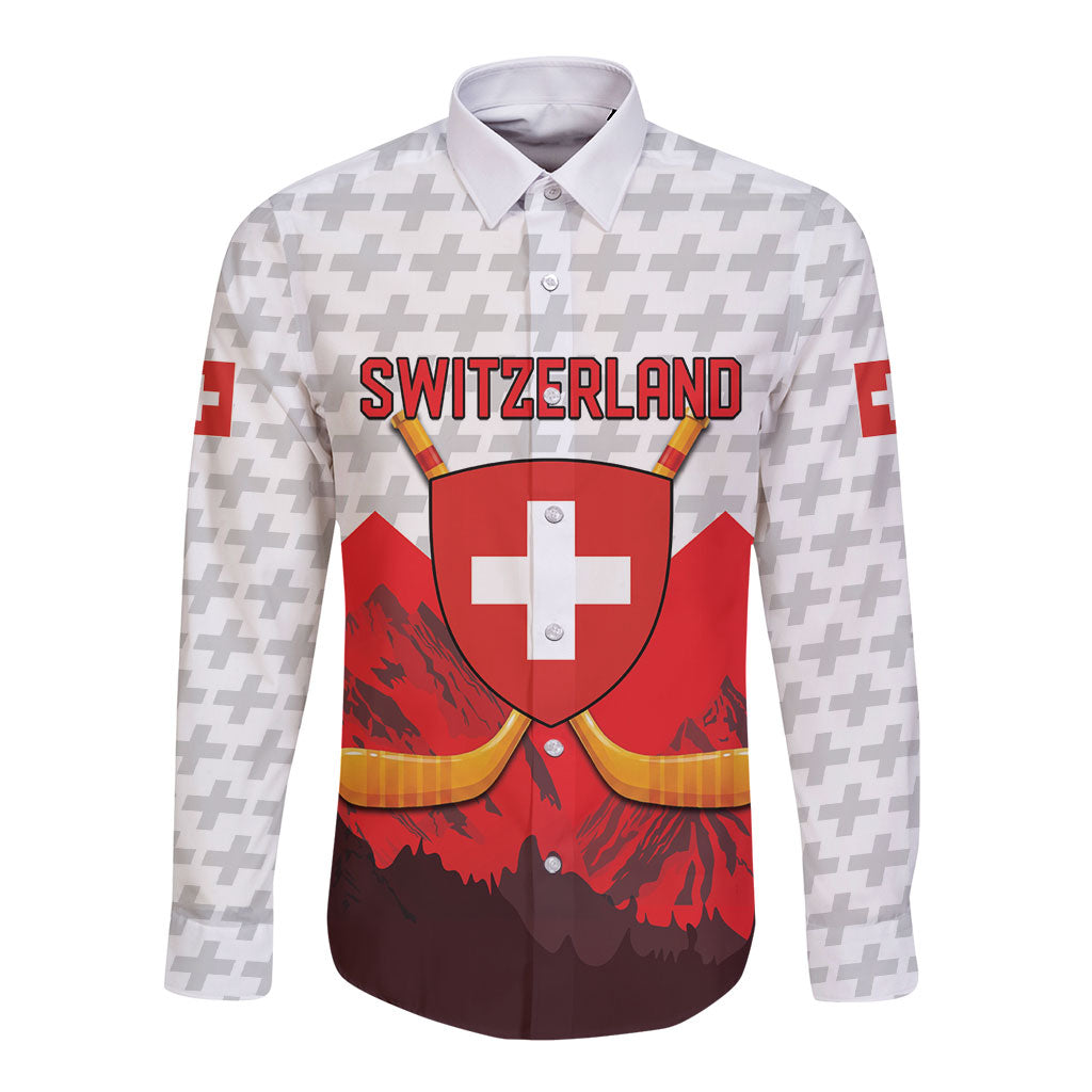 Switzerland Ice Hockey Custom Long Sleeve Button Shirt Swiss Shield Alps Art