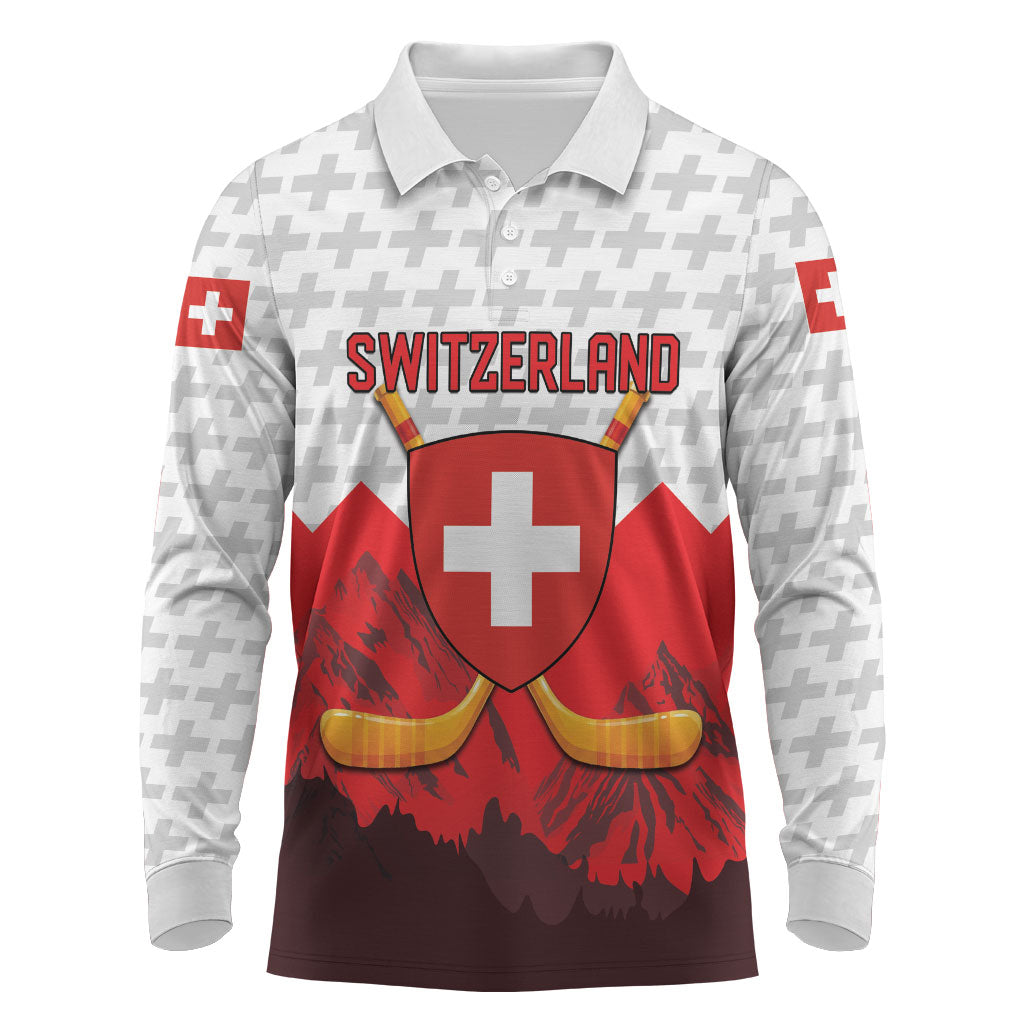 Switzerland Ice Hockey Custom Long Sleeve Polo Shirt Swiss Shield Alps Art