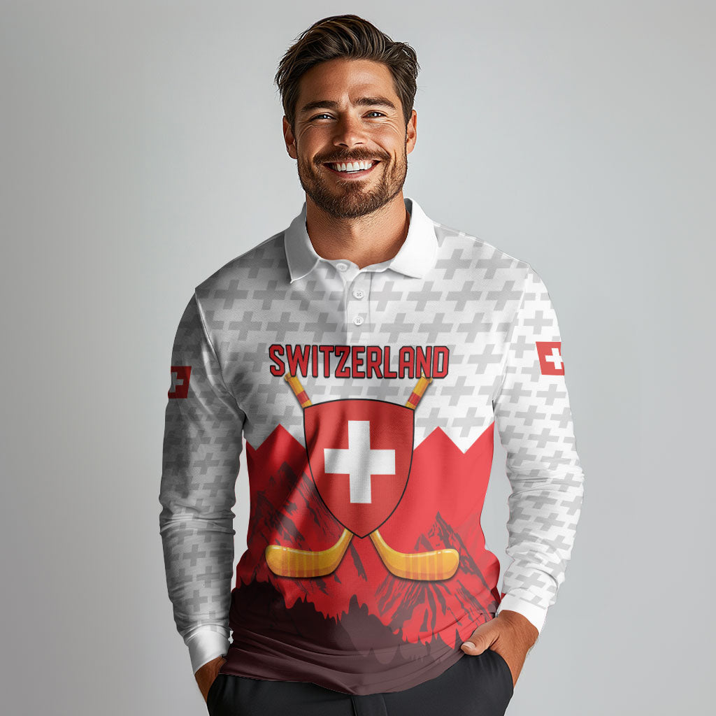 Switzerland Ice Hockey Custom Long Sleeve Polo Shirt Swiss Shield Alps Art