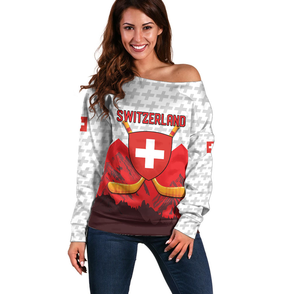 Switzerland Ice Hockey Custom Off Shoulder Sweater Swiss Shield Alps Art