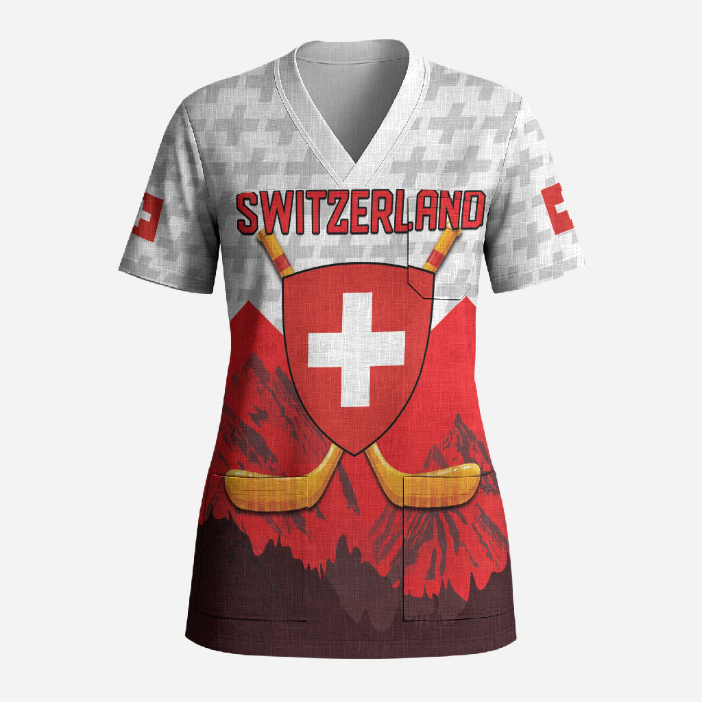 Switzerland Ice Hockey Custom Scrub Top Swiss Shield Alps Art
