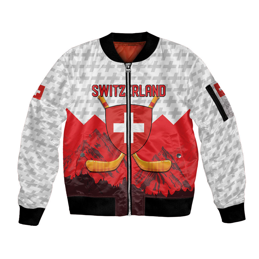 Switzerland Ice Hockey Custom Sleeve Zip Bomber Jacket Swiss Shield Alps Art