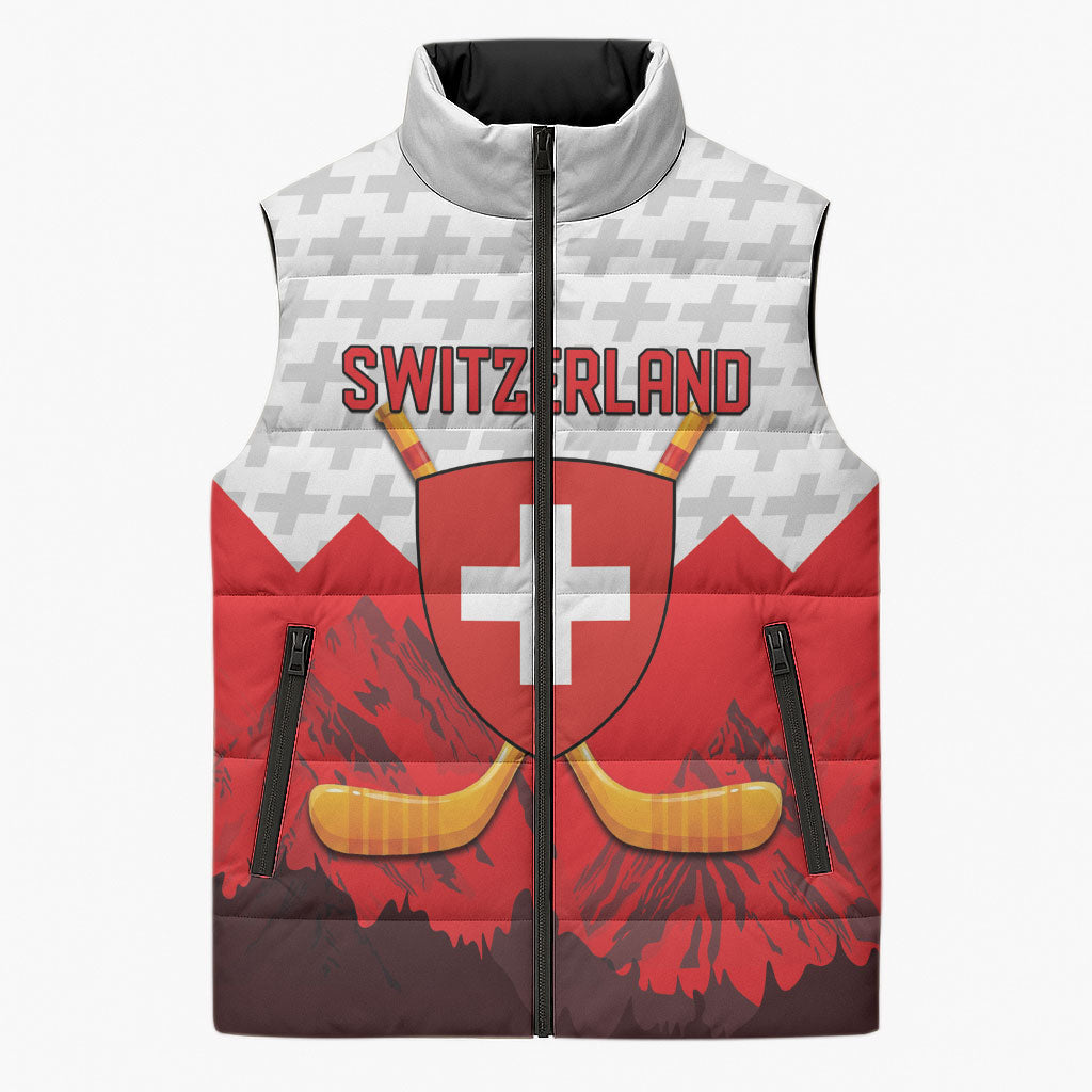 Switzerland Ice Hockey Custom Sleeveless Puffer Jacket Swiss Shield Alps Art