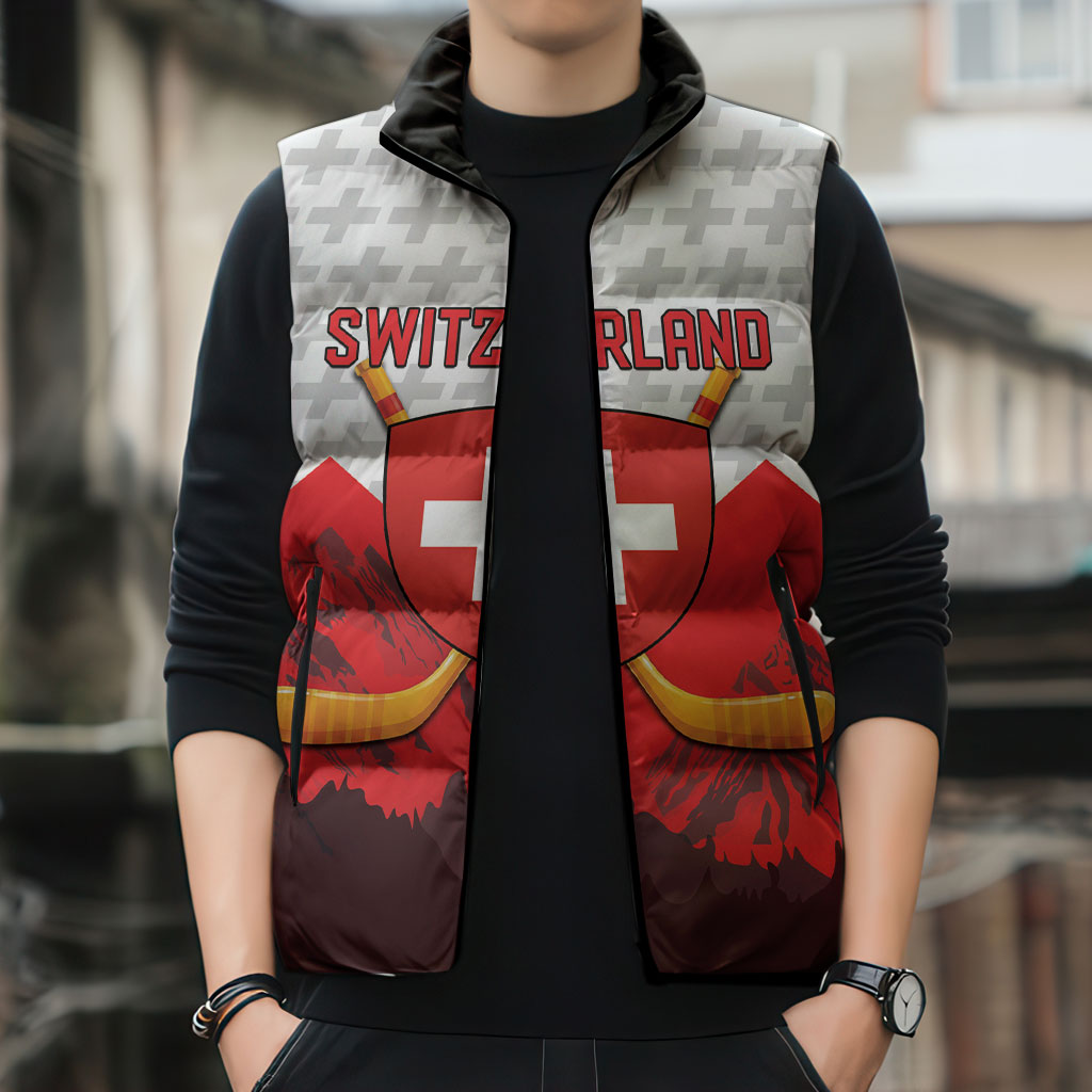 Switzerland Ice Hockey Custom Sleeveless Puffer Jacket Swiss Shield Alps Art