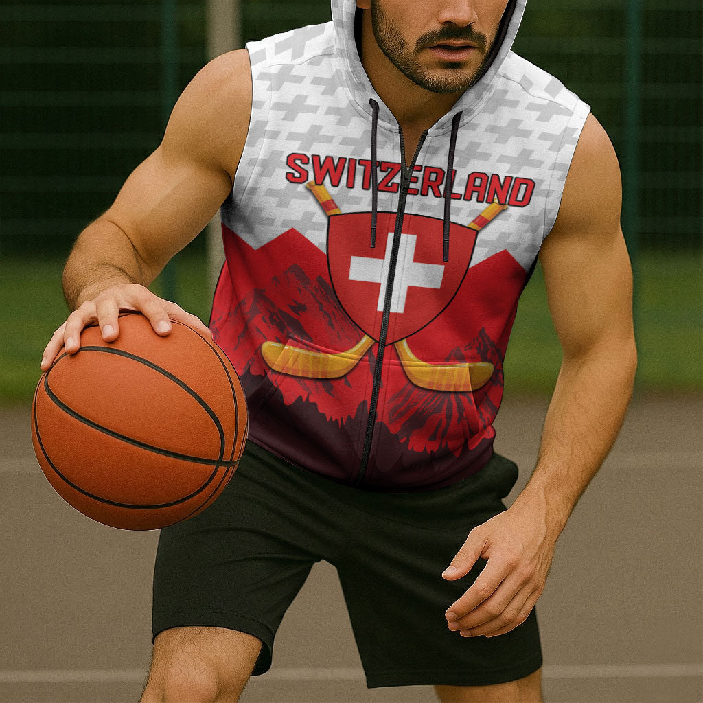 Switzerland Ice Hockey Custom Sleeveless Zip Hoodie Swiss Shield Alps Art