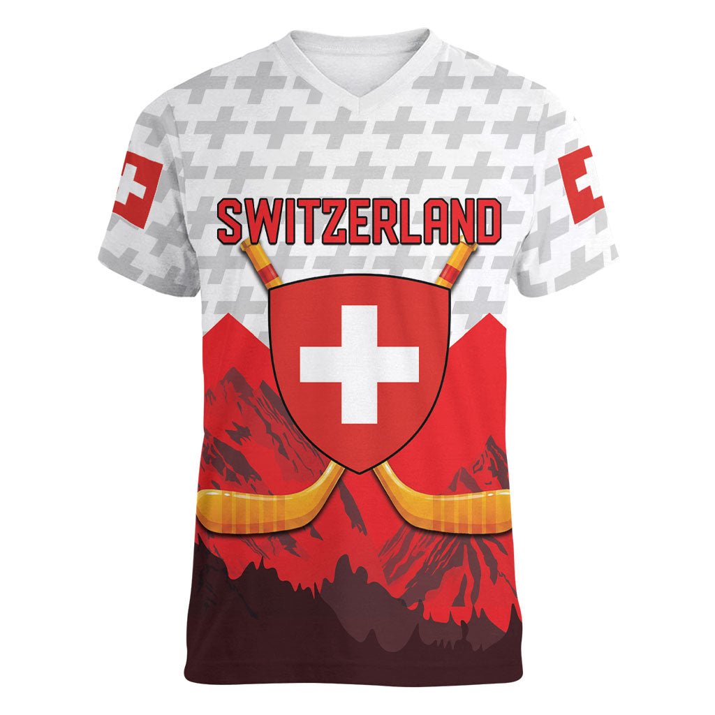 Switzerland Ice Hockey Custom Women V-Neck T-Shirt Swiss Shield Alps Art