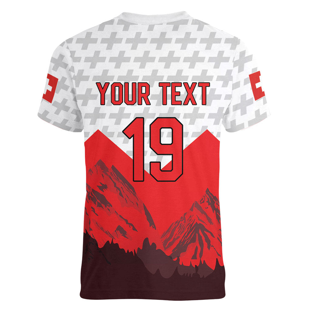 Switzerland Ice Hockey Custom Women V-Neck T-Shirt Swiss Shield Alps Art