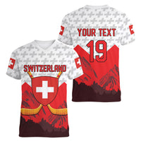 Switzerland Ice Hockey Custom Women V-Neck T-Shirt Swiss Shield Alps Art