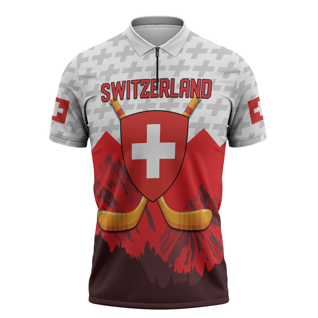 Switzerland Ice Hockey Custom Zipper Polo Shirt Swiss Shield Alps Art