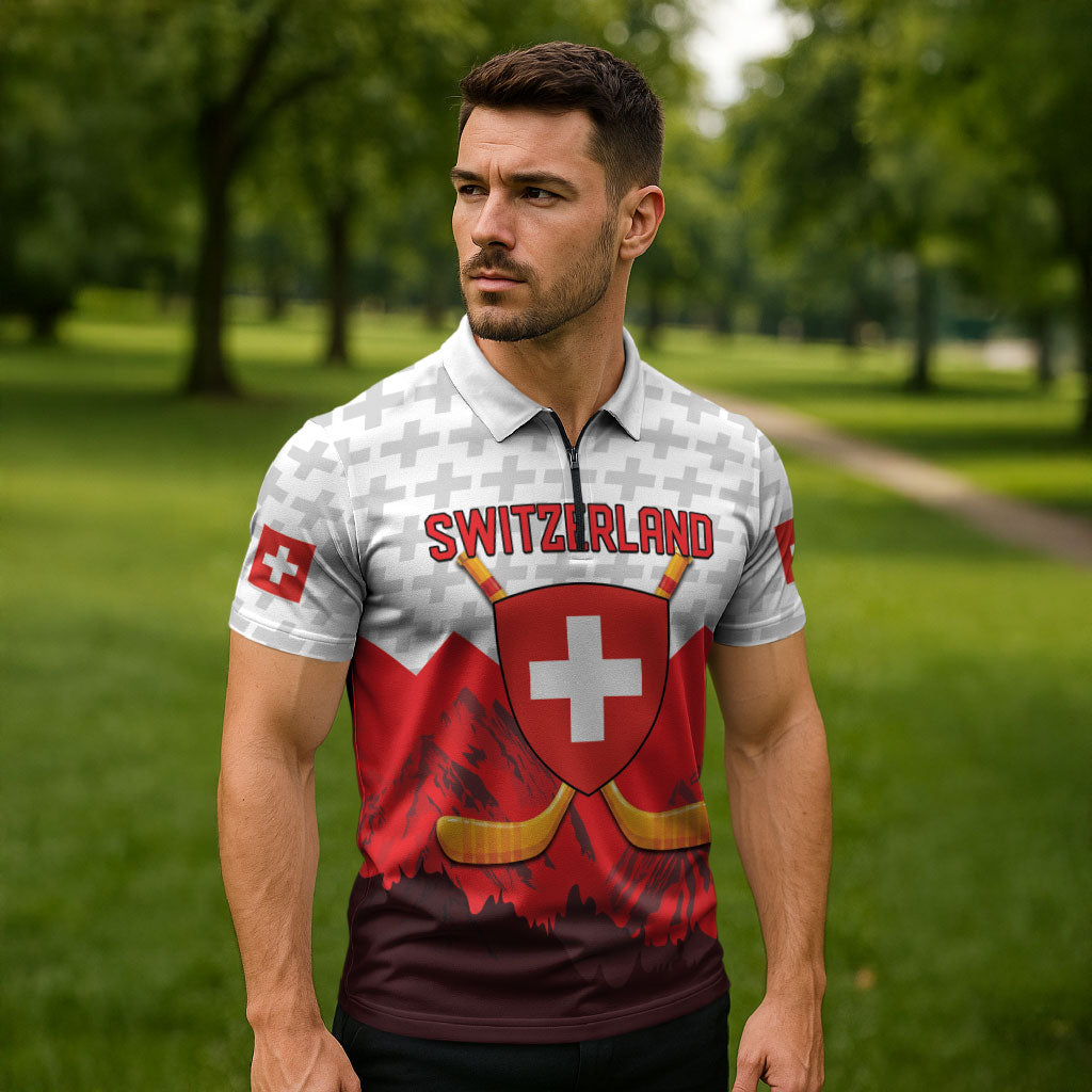 Switzerland Ice Hockey Custom Zipper Polo Shirt Swiss Shield Alps Art