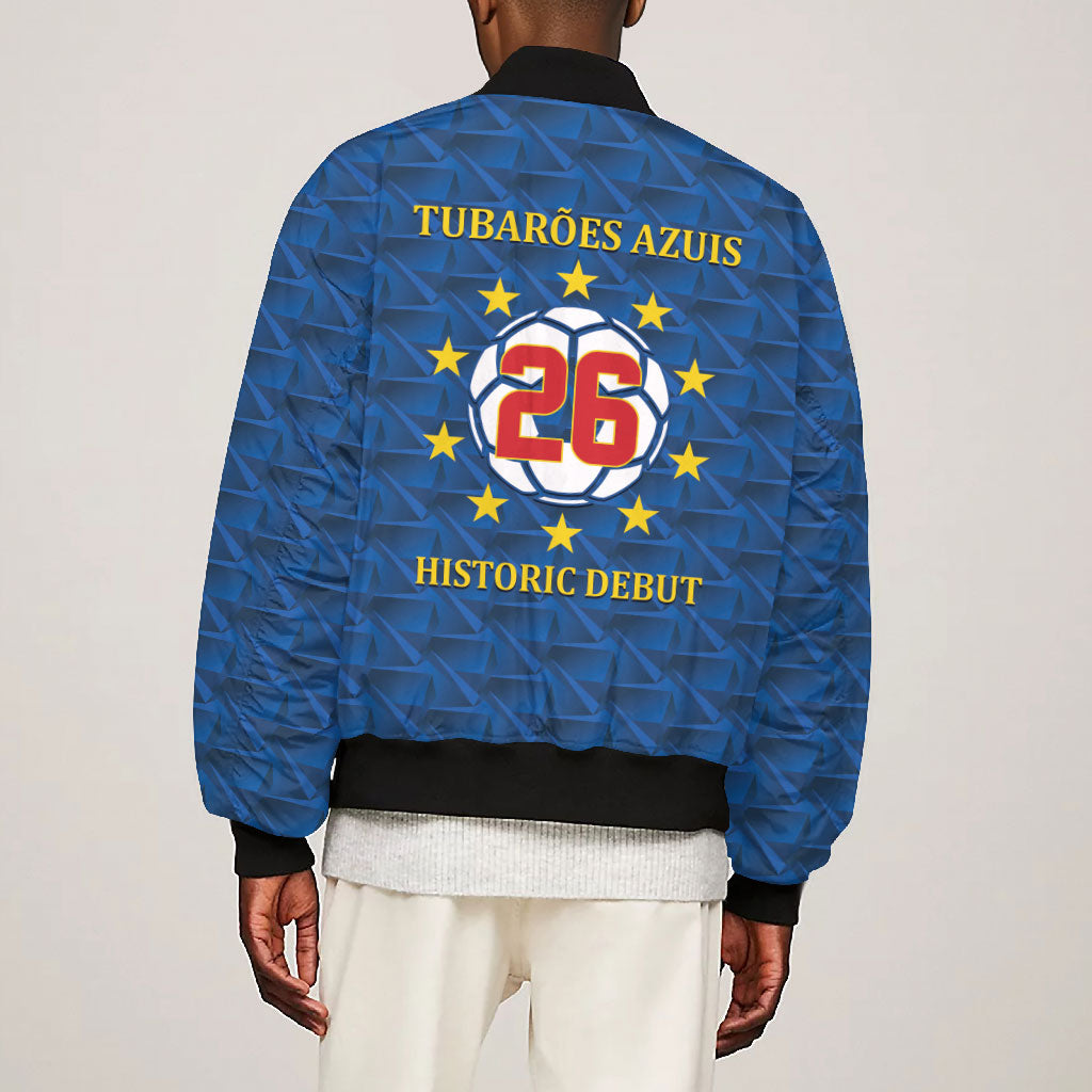 Cabo Verde Tubaroes Azuis Historic Debut 2026 Bomber Jacket Cape Verde Past and Present Flag Motif
