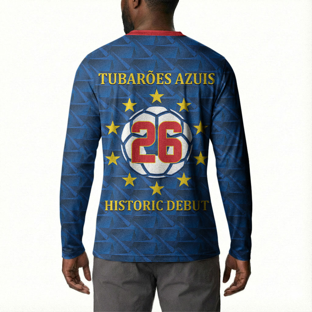 Cabo Verde Tubaroes Azuis Historic Debut 2026 Button Sweatshirt Cape Verde Past and Present Flag Motif