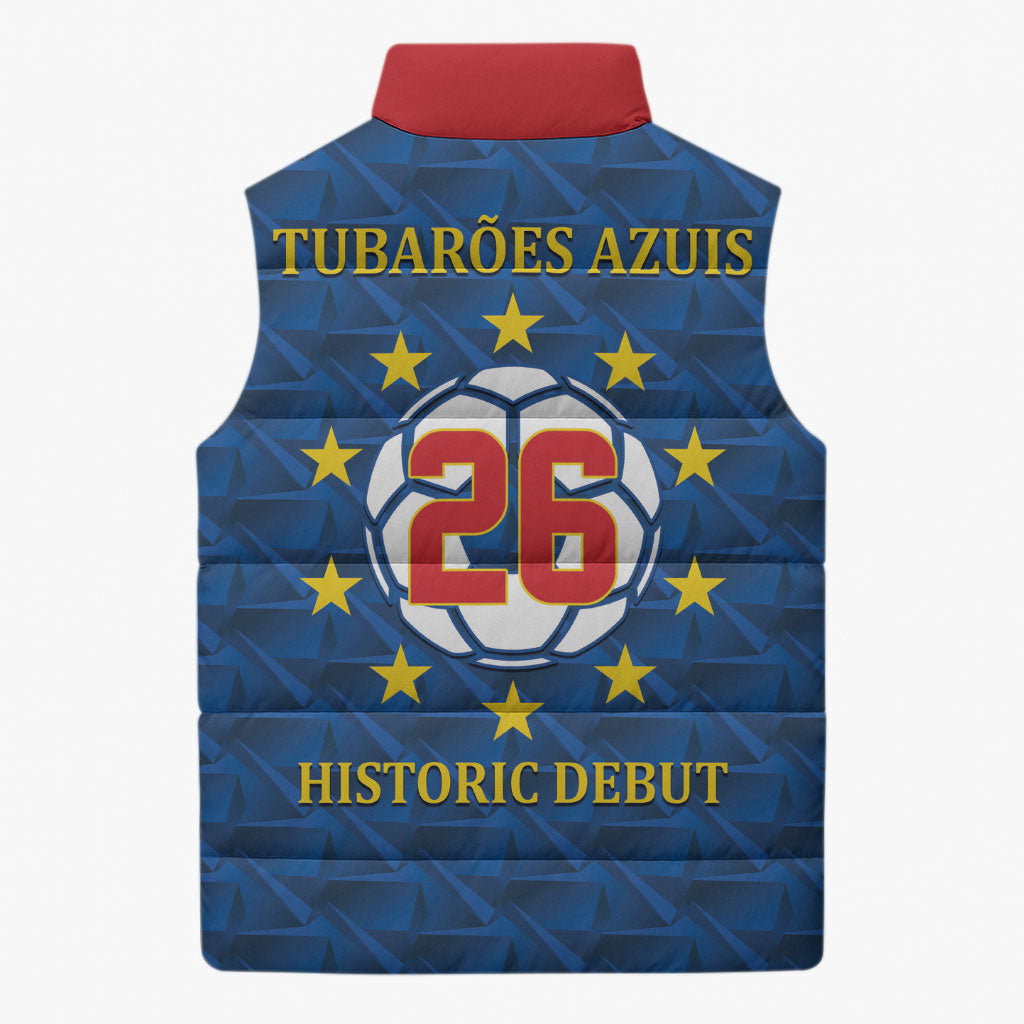 Cabo Verde Tubaroes Azuis Historic Debut 2026 Sleeveless Puffer Jacket Cape Verde Past and Present Flag Motif