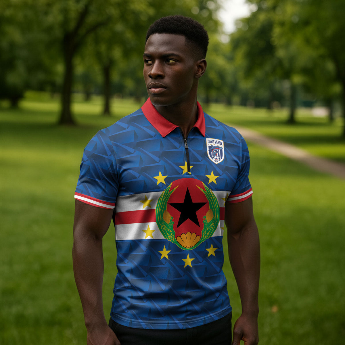 Cabo Verde Tubaroes Azuis Historic Debut 2026 Zipper Polo Shirt Cape Verde Past and Present Flag Motif