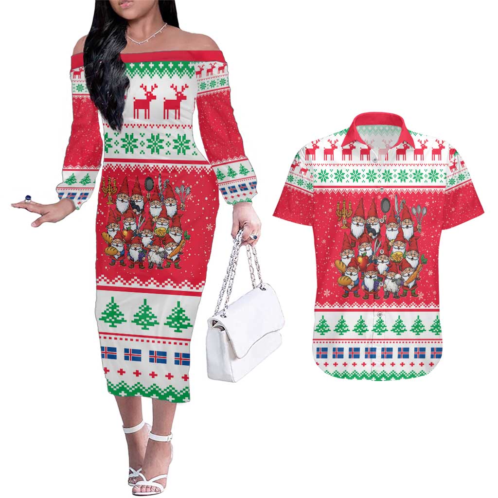 Iceland Christmas Couples Matching Off The Shoulder Long Sleeve Dress and Hawaiian Shirt Icelandic Yule Lads LT19