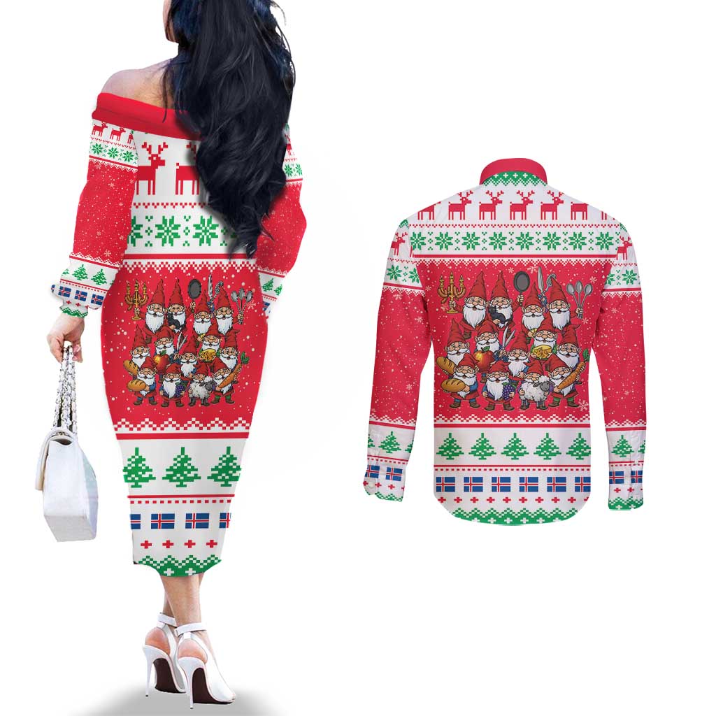 Iceland Christmas Couples Matching Off The Shoulder Long Sleeve Dress and Long Sleeve Button Shirt Icelandic Yule Lads LT19