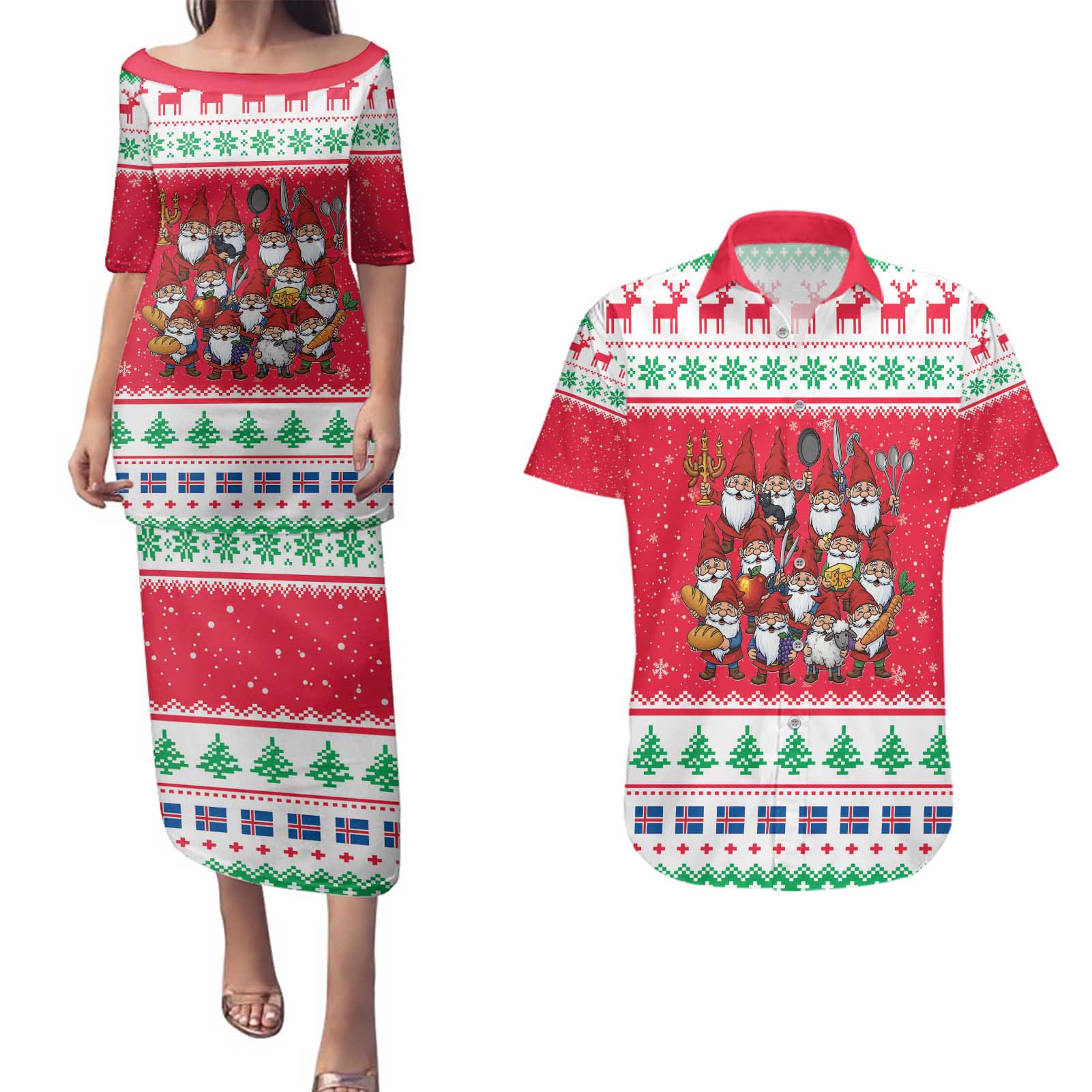 Iceland Christmas Couples Matching Puletasi and Hawaiian Shirt Icelandic Yule Lads LT19