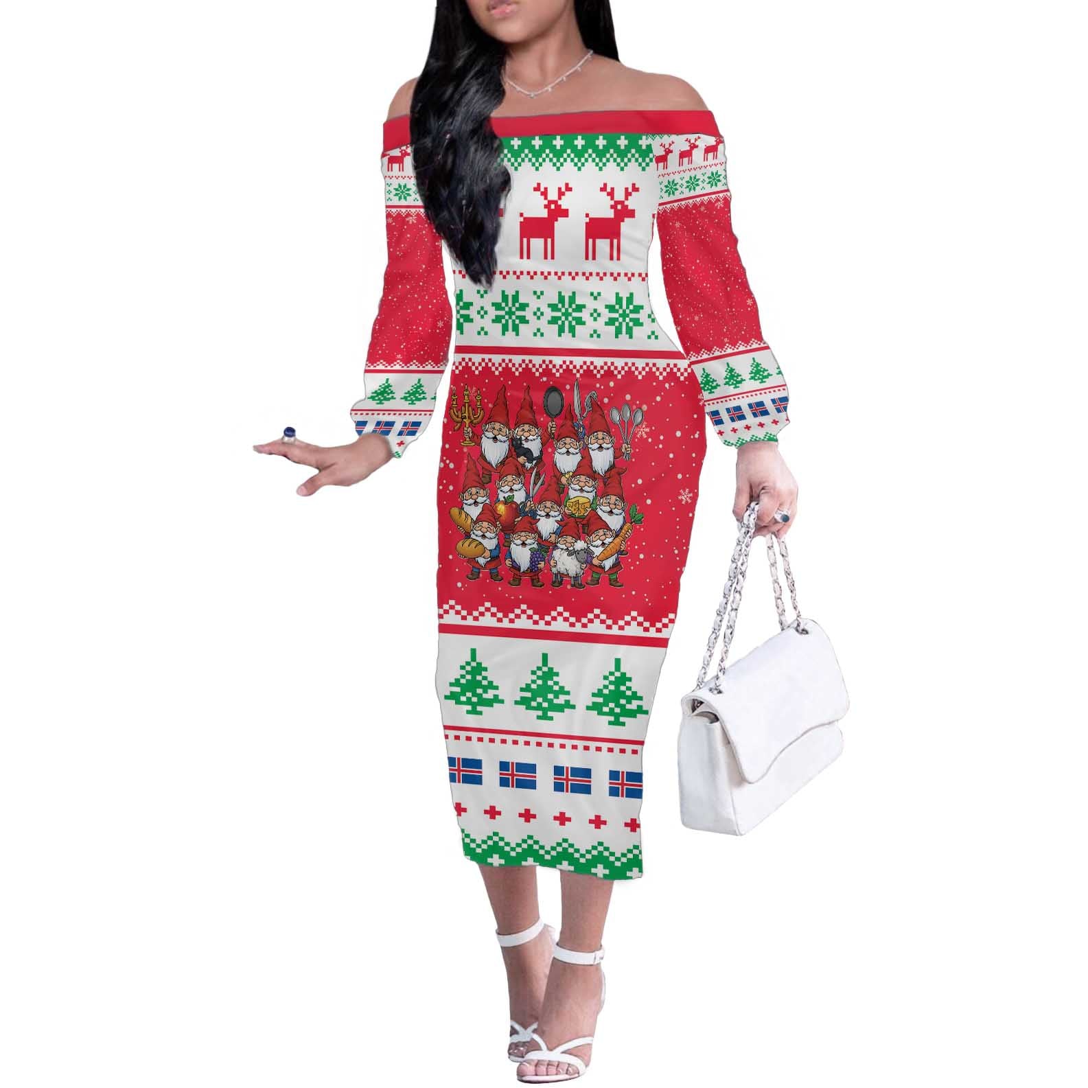 Iceland Christmas Off The Shoulder Long Sleeve Dress Icelandic Yule Lads LT19
