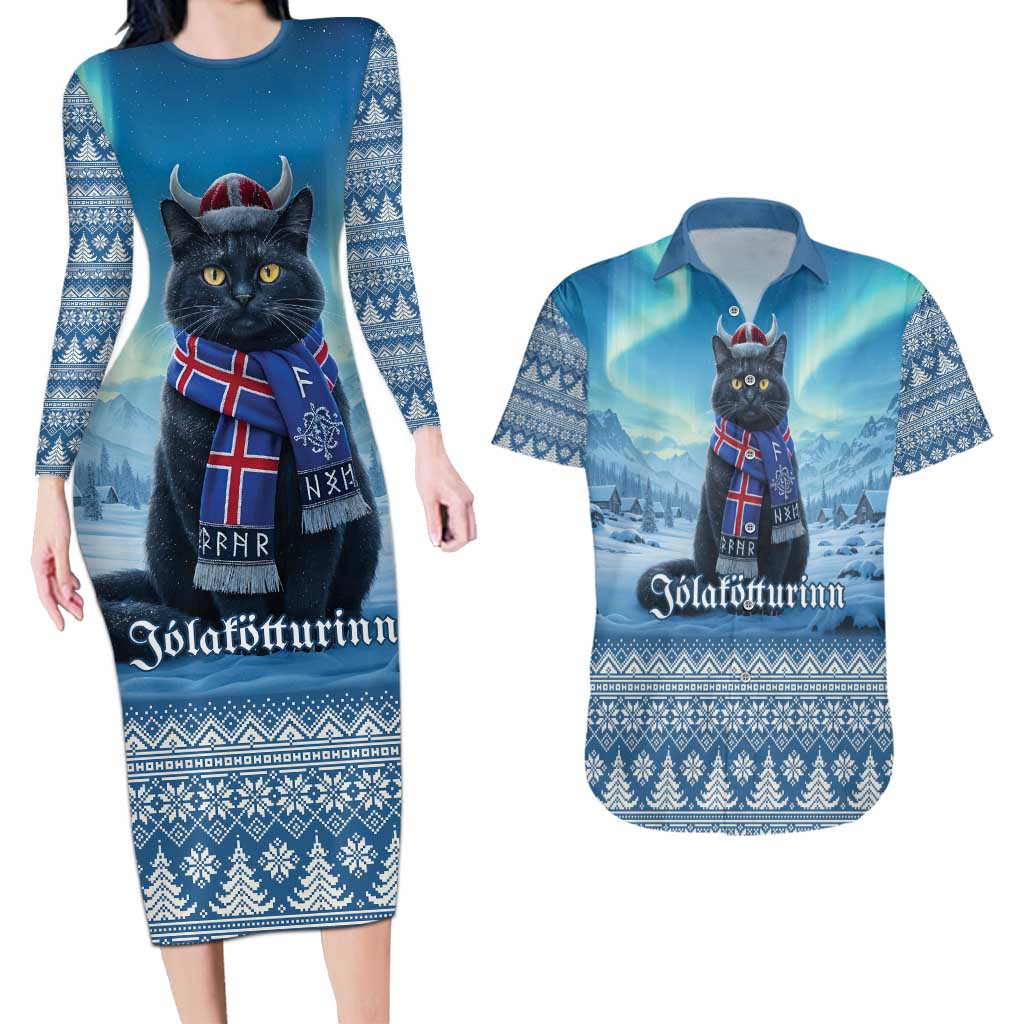Iceland Christmas Couples Matching Long Sleeve Bodycon Dress and Hawaiian Shirt Icelandic Yule Cat LT19