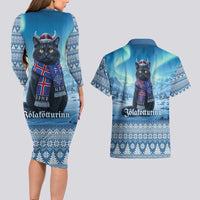 Iceland Christmas Couples Matching Long Sleeve Bodycon Dress and Hawaiian Shirt Icelandic Yule Cat LT19
