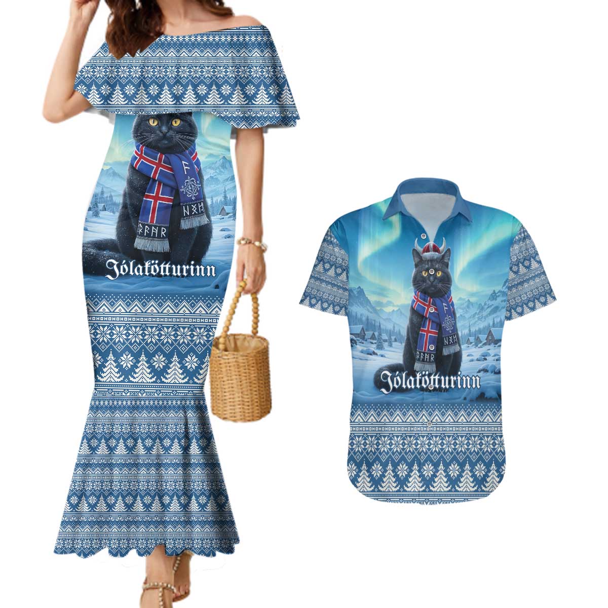 Iceland Christmas Couples Matching Mermaid Dress and Hawaiian Shirt Icelandic Yule Cat LT19