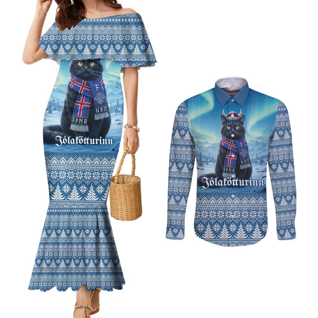Iceland Christmas Couples Matching Mermaid Dress and Long Sleeve Button Shirt Icelandic Yule Cat LT19