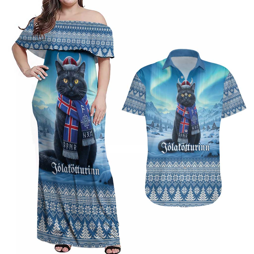 Iceland Christmas Couples Matching Off Shoulder Maxi Dress and Hawaiian Shirt Icelandic Yule Cat LT19