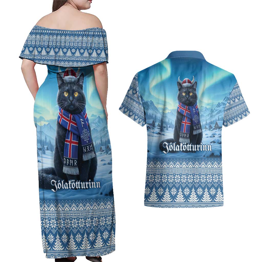Iceland Christmas Couples Matching Off Shoulder Maxi Dress and Hawaiian Shirt Icelandic Yule Cat LT19