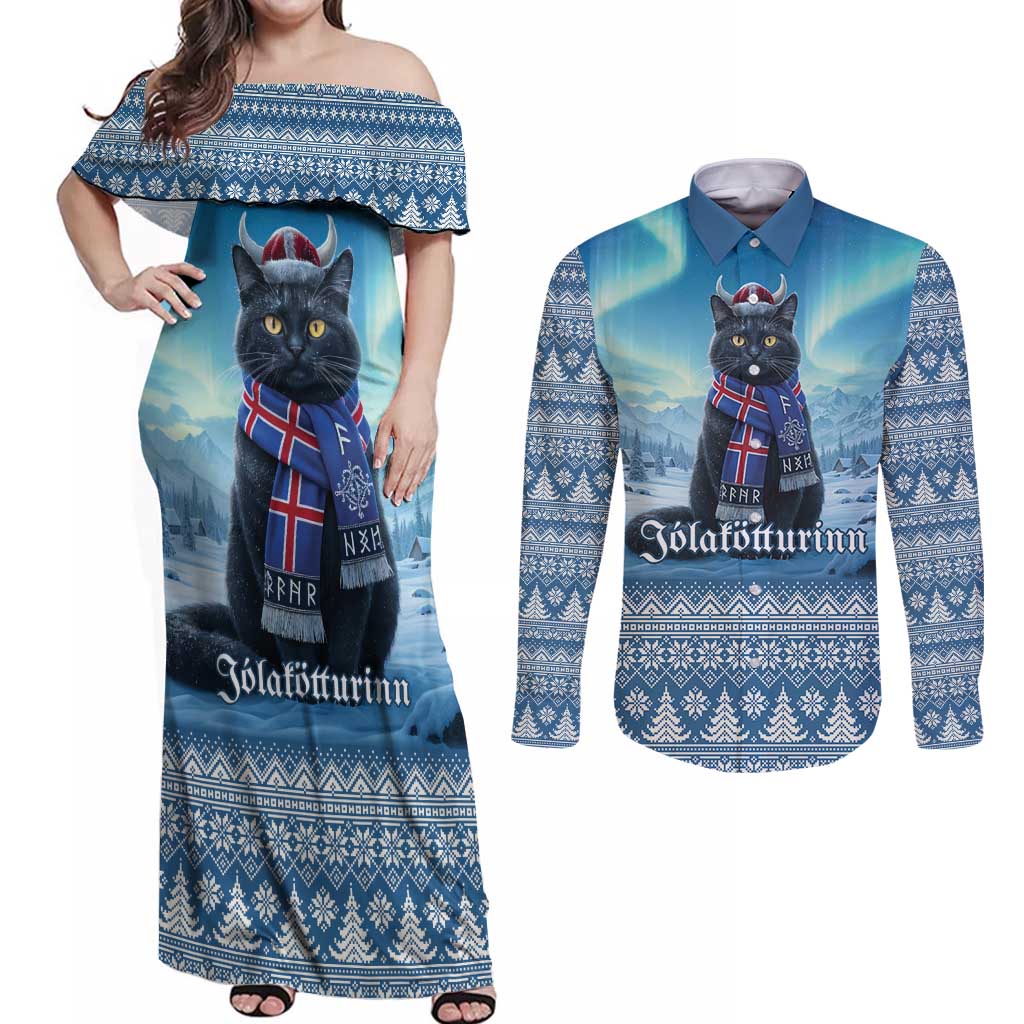 Iceland Christmas Couples Matching Off Shoulder Maxi Dress and Long Sleeve Button Shirt Icelandic Yule Cat LT19