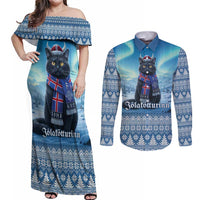 Iceland Christmas Couples Matching Off Shoulder Maxi Dress and Long Sleeve Button Shirt Icelandic Yule Cat LT19