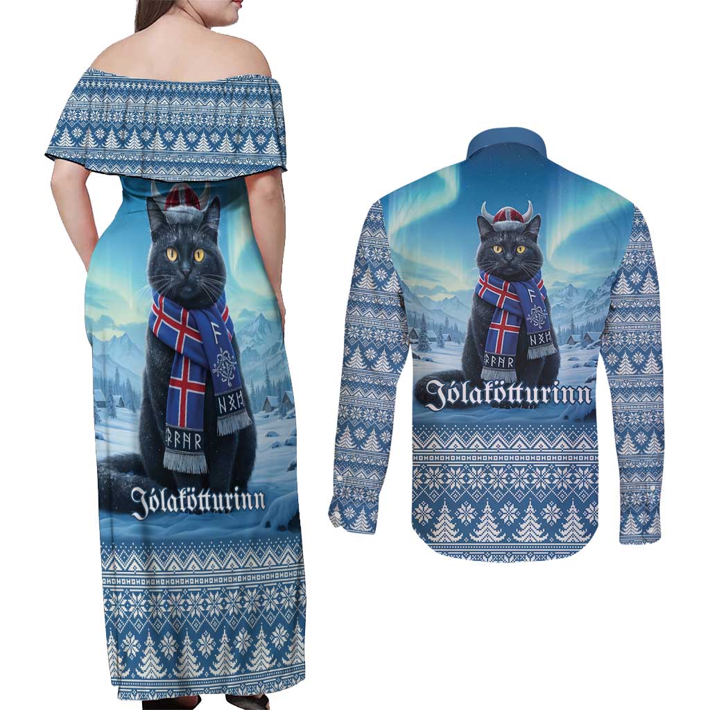 Iceland Christmas Couples Matching Off Shoulder Maxi Dress and Long Sleeve Button Shirt Icelandic Yule Cat LT19