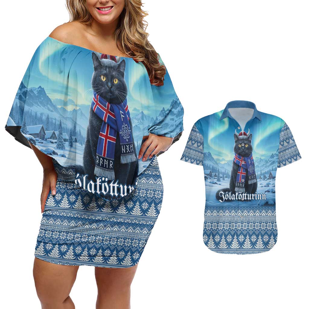 Iceland Christmas Couples Matching Off Shoulder Short Dress and Hawaiian Shirt Icelandic Yule Cat LT19