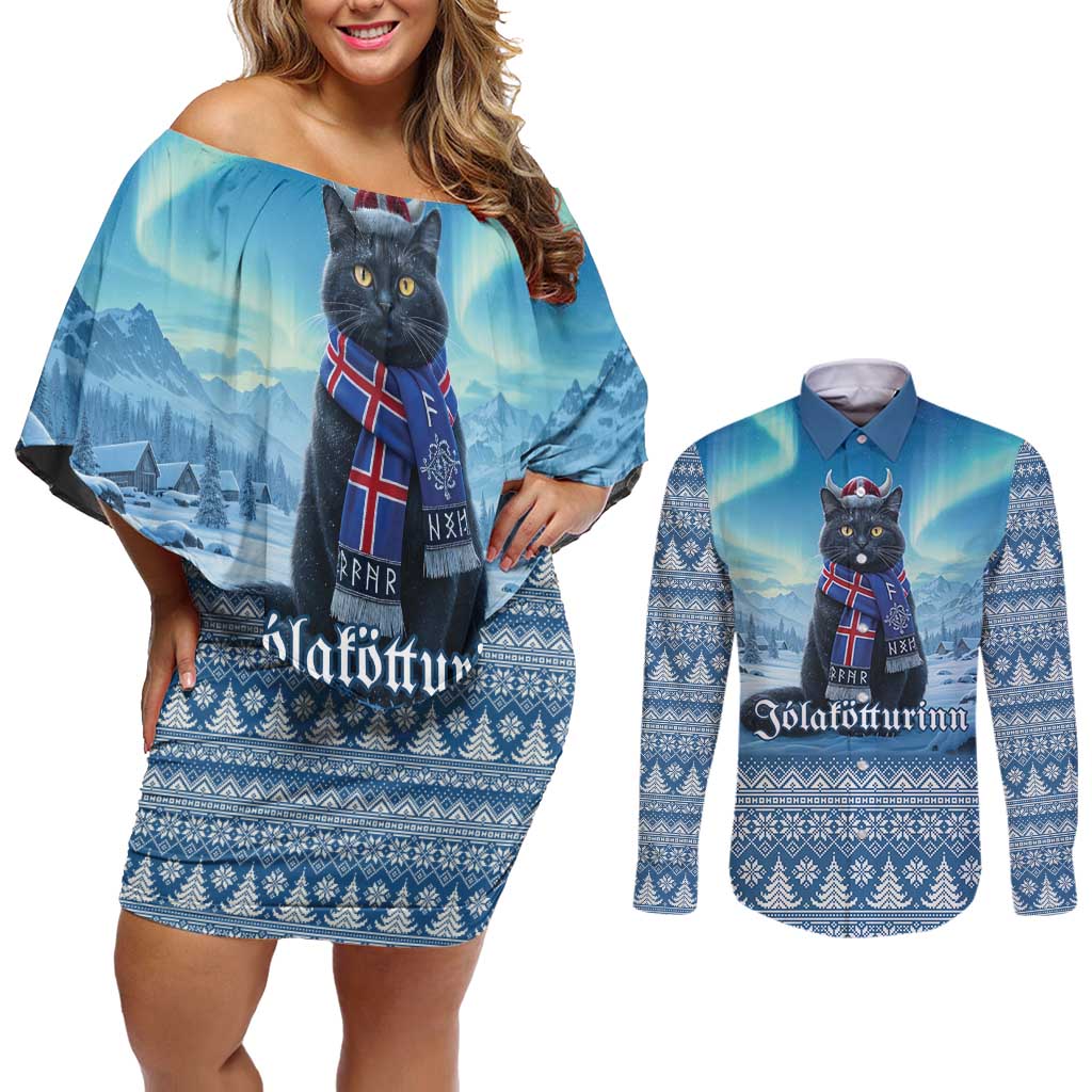 Iceland Christmas Couples Matching Off Shoulder Short Dress and Long Sleeve Button Shirt Icelandic Yule Cat LT19