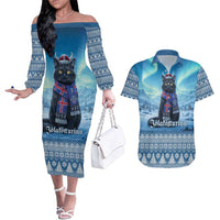 Iceland Christmas Couples Matching Off The Shoulder Long Sleeve Dress and Hawaiian Shirt Icelandic Yule Cat LT19