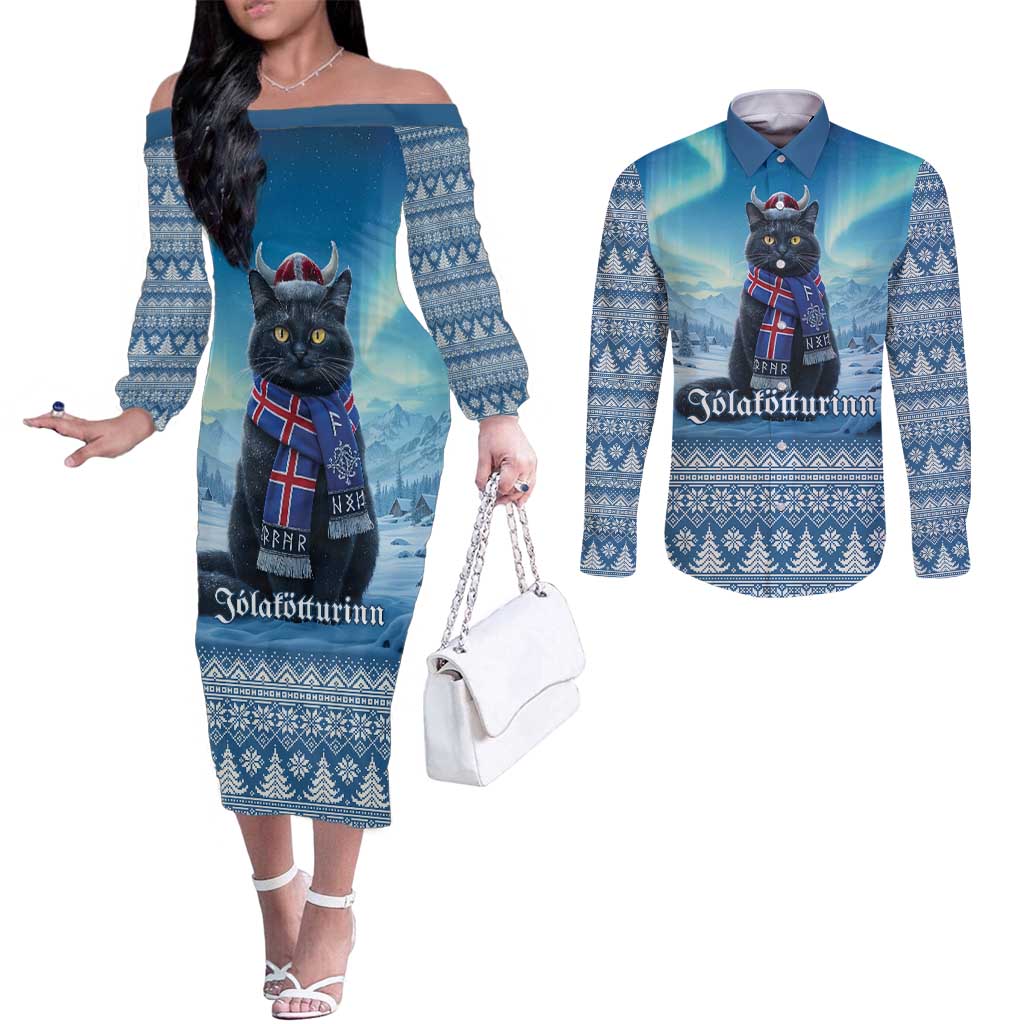 Iceland Christmas Couples Matching Off The Shoulder Long Sleeve Dress and Long Sleeve Button Shirt Icelandic Yule Cat LT19