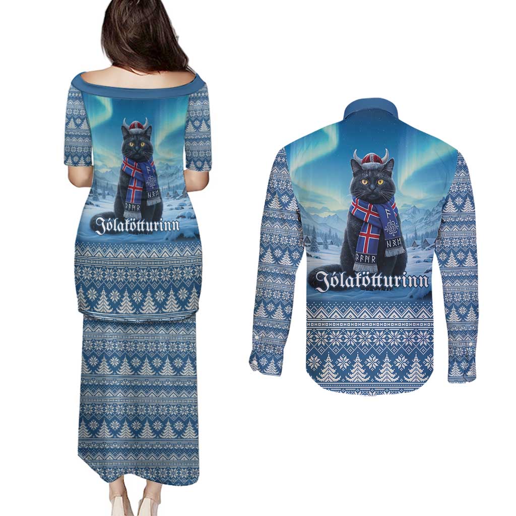 Iceland Christmas Couples Matching Puletasi and Long Sleeve Button Shirt Icelandic Yule Cat LT19