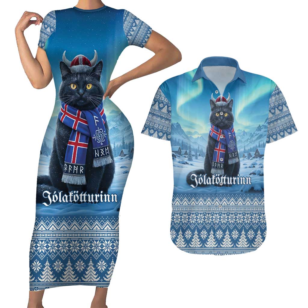 Iceland Christmas Couples Matching Short Sleeve Bodycon Dress and Hawaiian Shirt Icelandic Yule Cat LT19