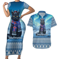 Iceland Christmas Couples Matching Short Sleeve Bodycon Dress and Hawaiian Shirt Icelandic Yule Cat LT19