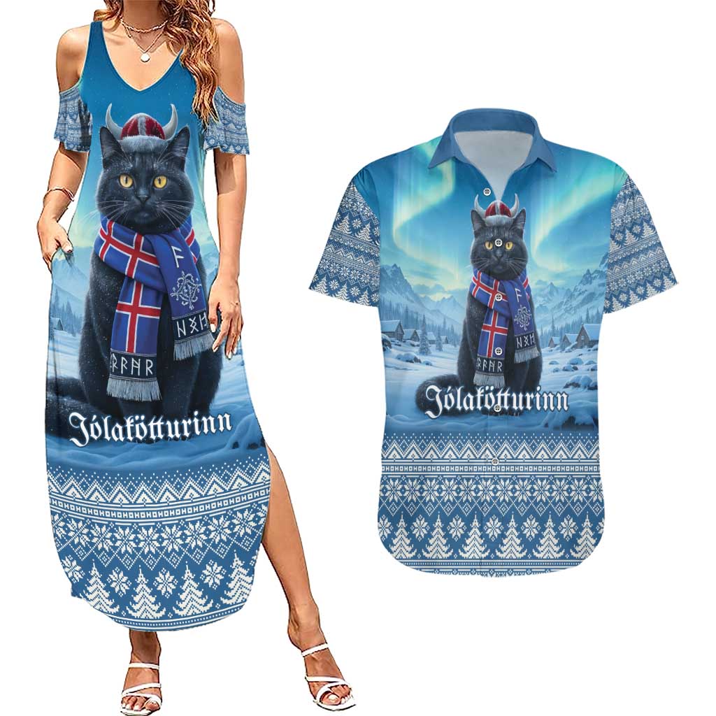 Iceland Christmas Couples Matching Summer Maxi Dress and Hawaiian Shirt Icelandic Yule Cat LT19