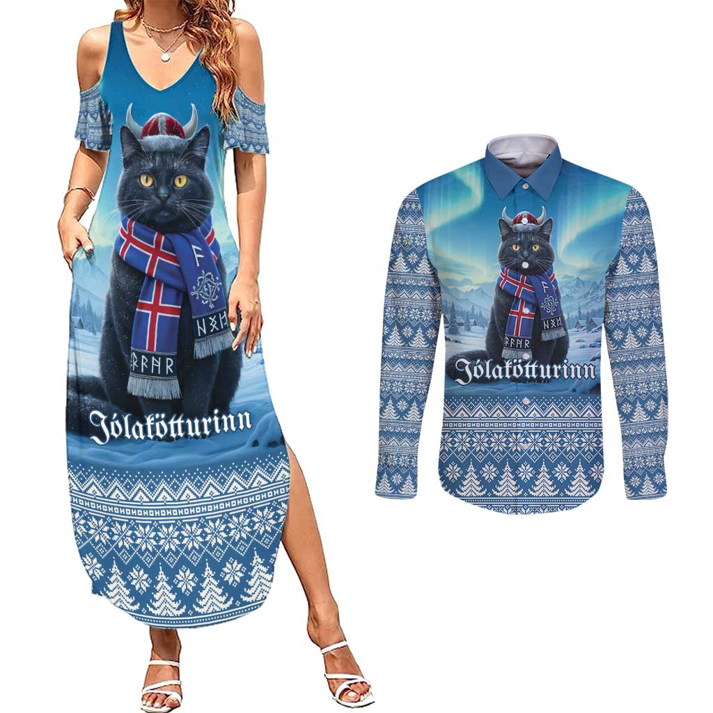 Iceland Christmas Couples Matching Summer Maxi Dress and Long Sleeve Button Shirt Icelandic Yule Cat LT19