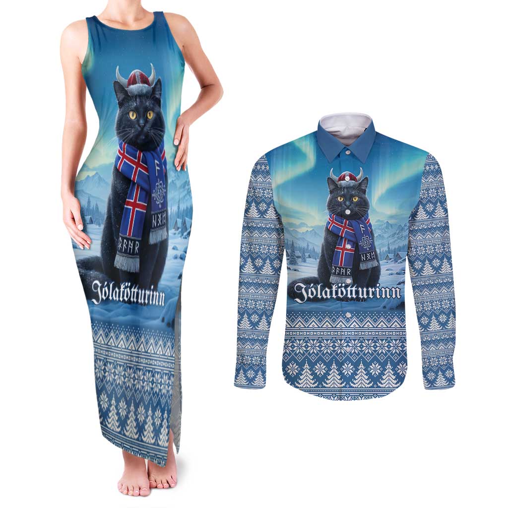 Iceland Christmas Couples Matching Tank Maxi Dress and Long Sleeve Button Shirt Icelandic Yule Cat LT19