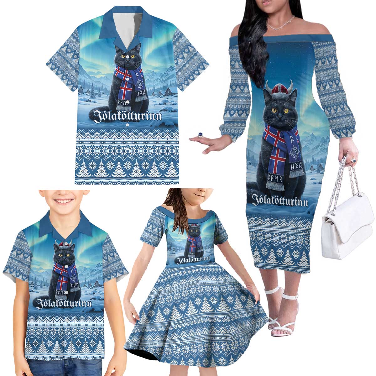 Iceland Christmas Family Matching Off The Shoulder Long Sleeve Dress and Hawaiian Shirt Icelandic Yule Cat LT19