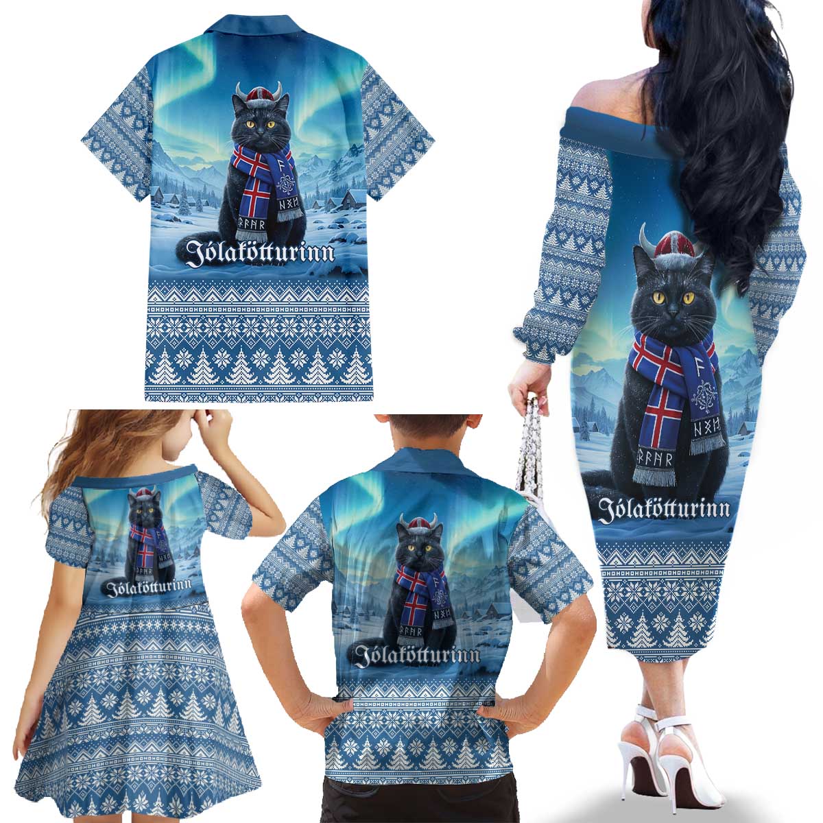 Iceland Christmas Family Matching Off The Shoulder Long Sleeve Dress and Hawaiian Shirt Icelandic Yule Cat LT19