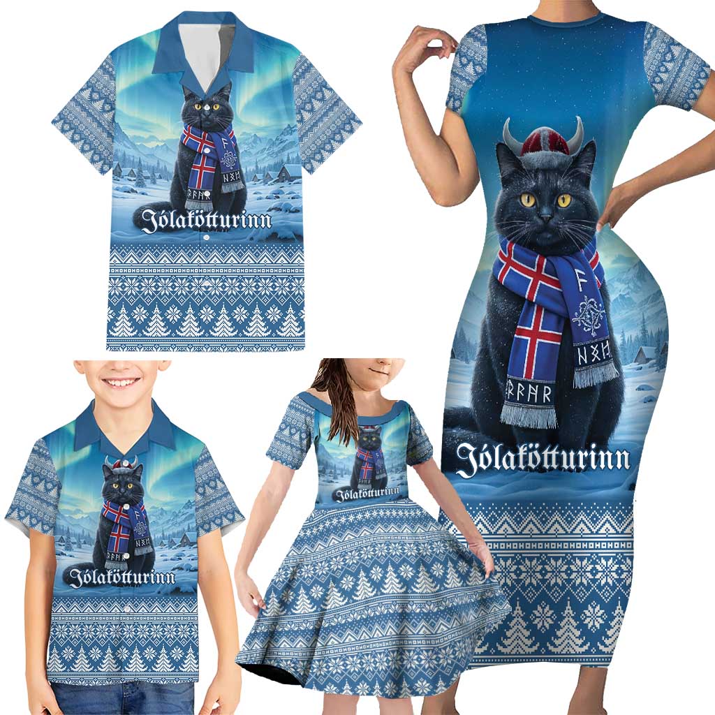 Iceland Christmas Family Matching Short Sleeve Bodycon Dress and Hawaiian Shirt Icelandic Yule Cat LT19