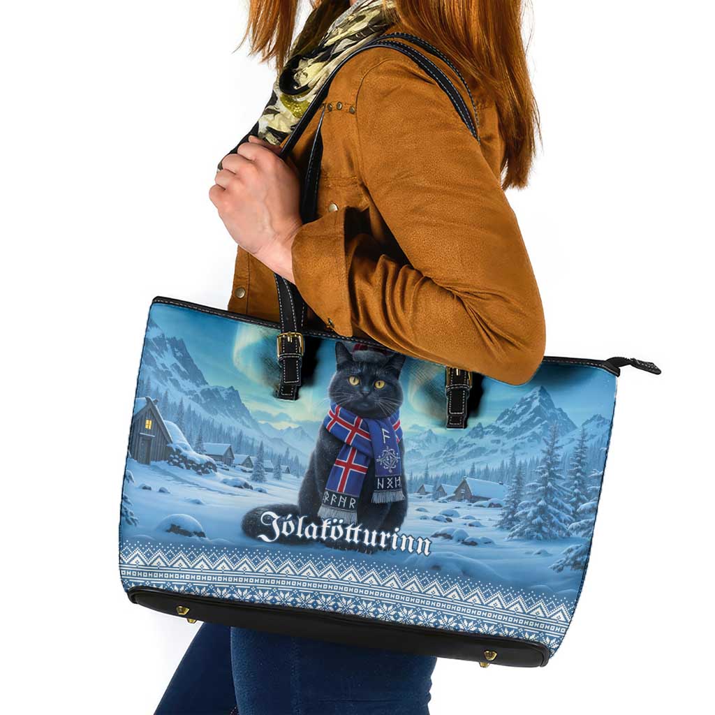 Iceland Christmas Leather Tote Bag Icelandic Yule Cat - Wonder Print Shop